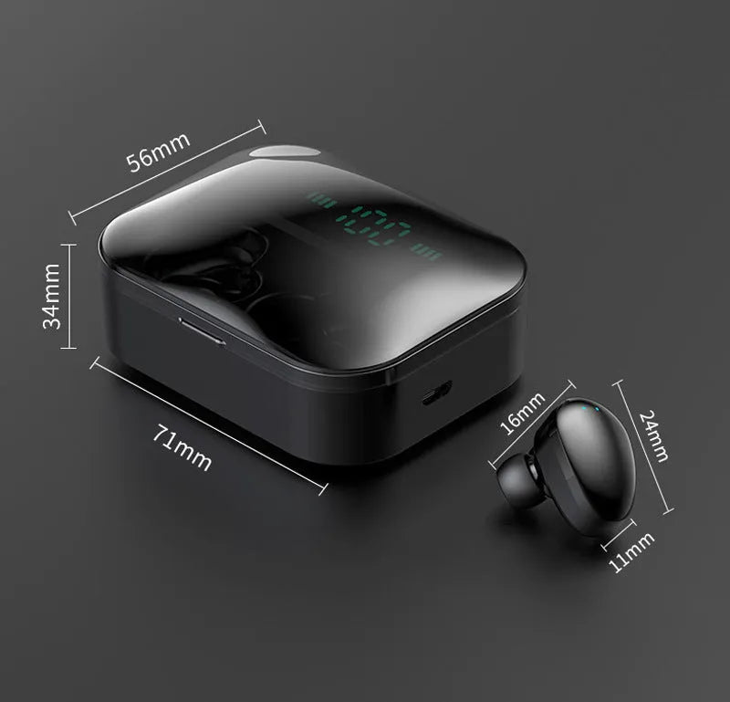 Black and white X7LED sports in-ear Bluetooth headphones with a USB charging case displayed open.