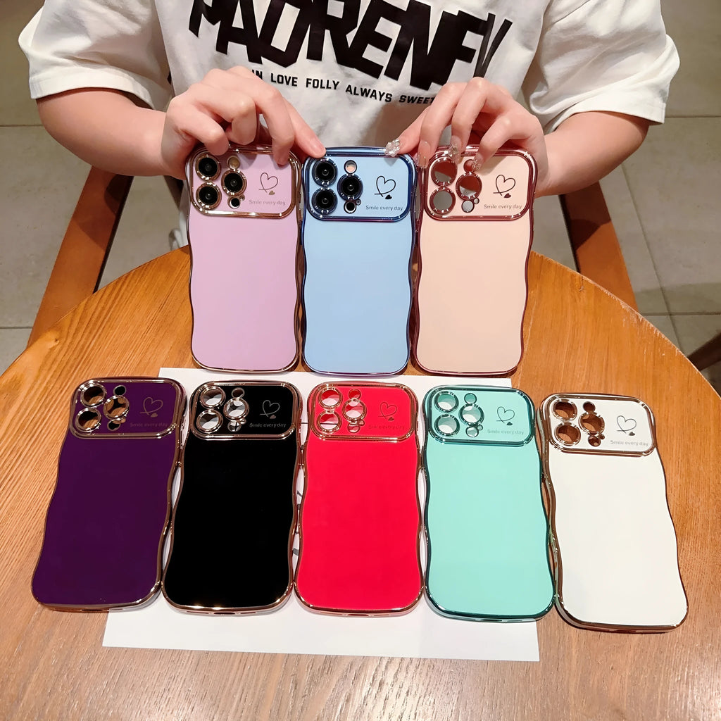 Electroplating wave love large window phone case in black, side view showing back cover and cutouts for iPhone