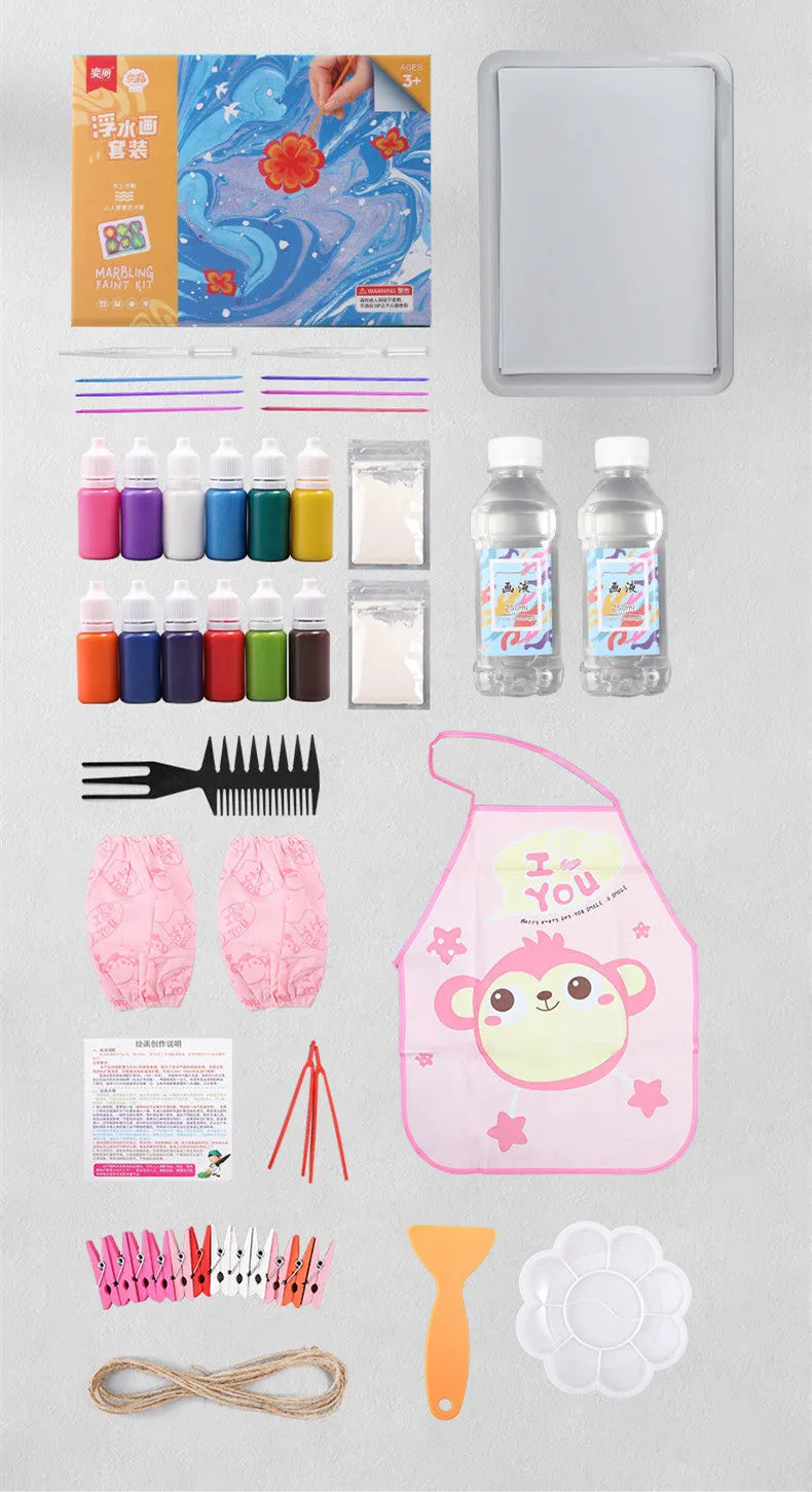 Hand painted doodle educational toys art kit with six gouache pigment pots, paper, and stirring rods.