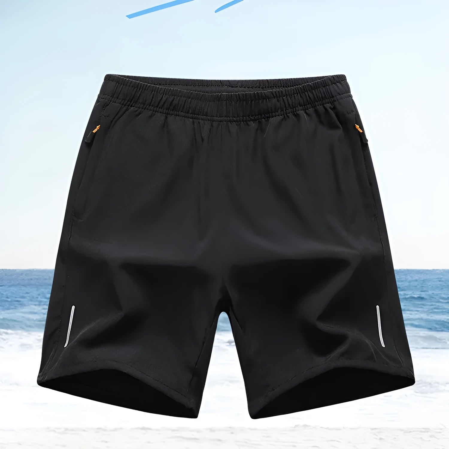 European size men's athletic shorts in polyester, summer thin, straight-leg, available in black, gray, blue, Army Green, and khaki.