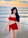 Women's red bikini swimsuit with puff sleeve skirt and briefs in solid colour