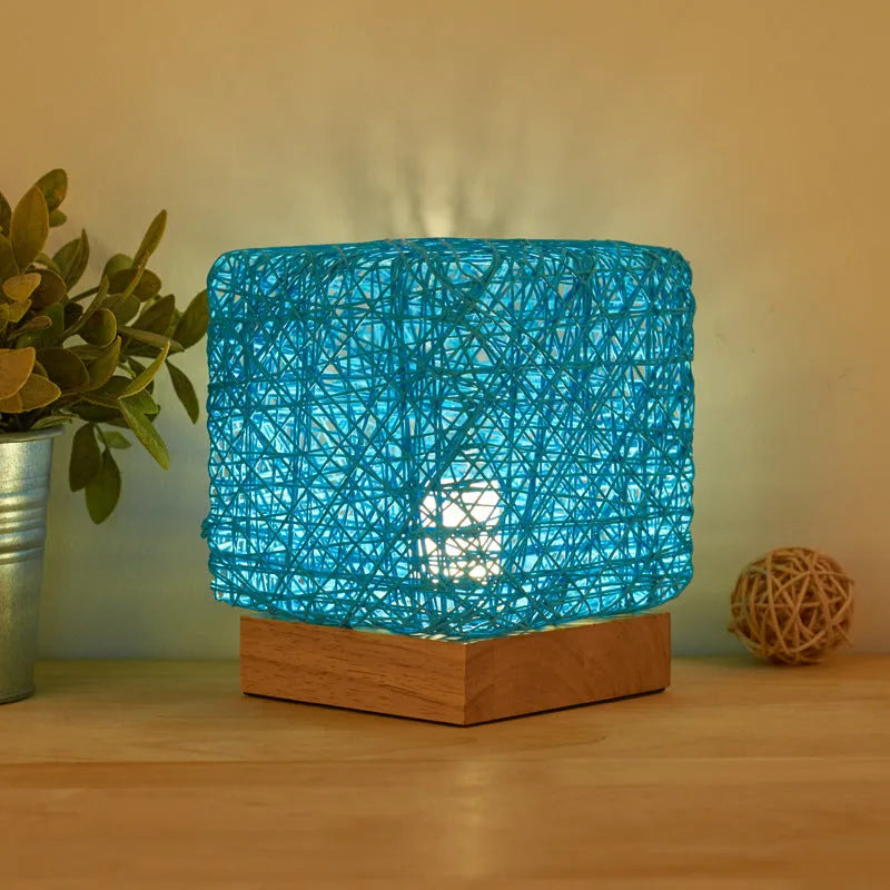 Hand-knit square LED desk lamp with bamboo rattan shade and wood base, USB charging, beige colour