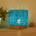 Hand-knit square LED desk lamp with bamboo rattan shade and wood base, USB charging, beige colour