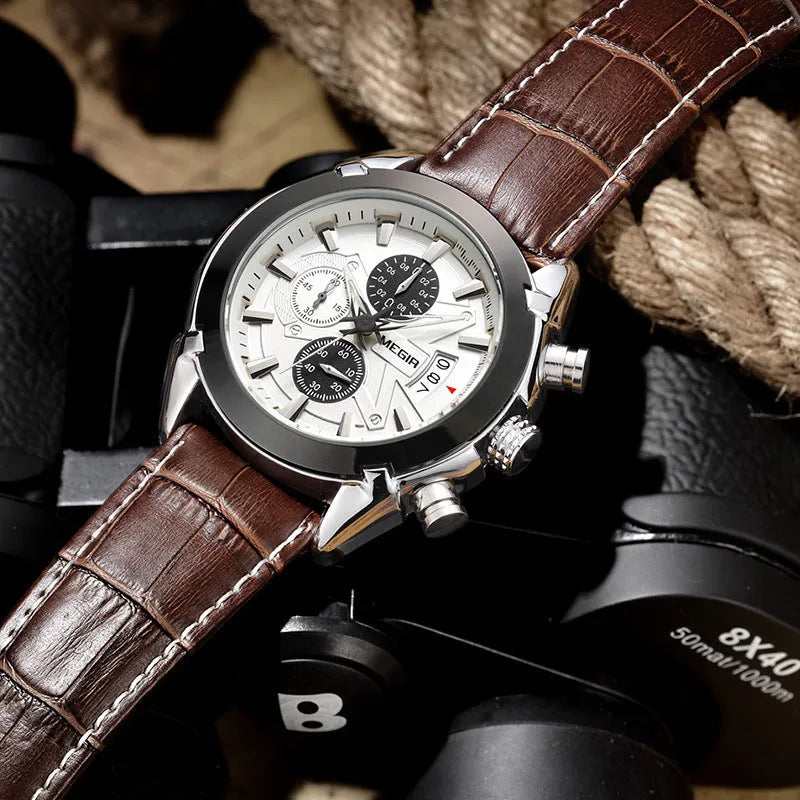 Men's three-eye quartz watch with waterproof luminous display in black or brown colour options