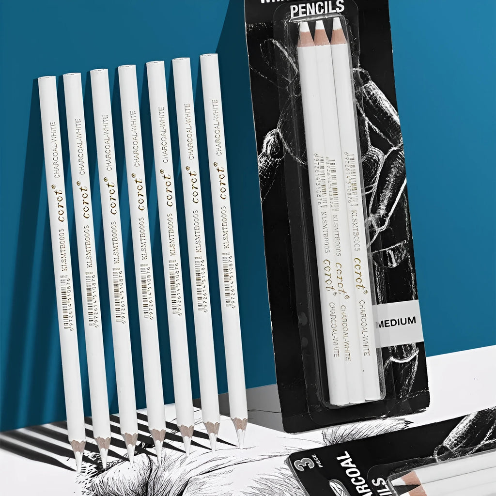 Set of three white charcoal pencils with wooden barrels for drawing on dark paper.