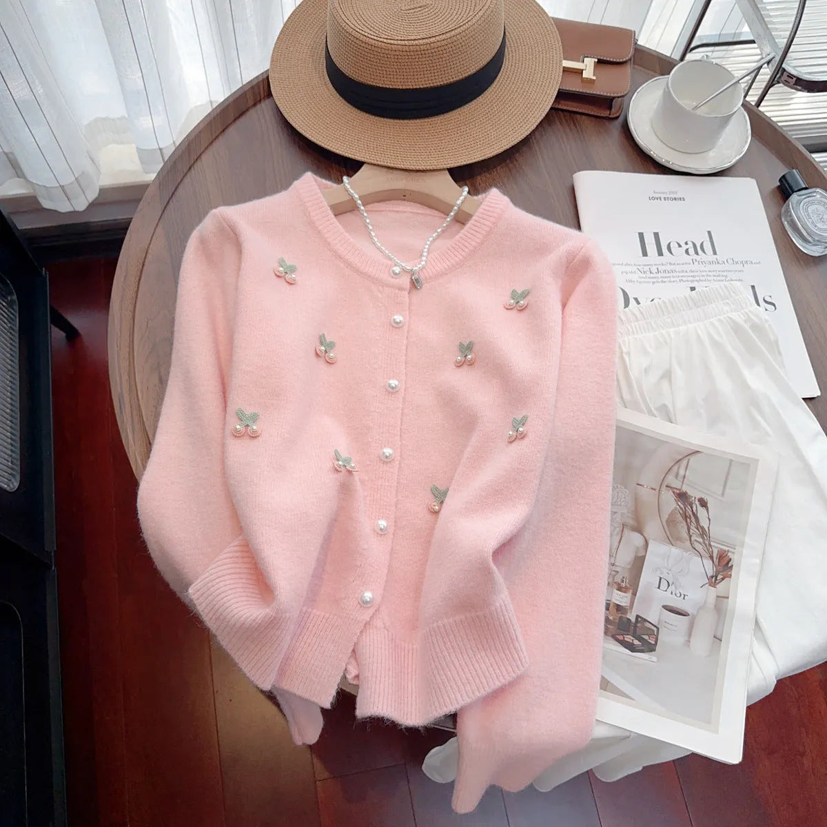 Soft cashmere blend cardigan sweater coat for women in free size 80-120 with beaded embellishments and round neck