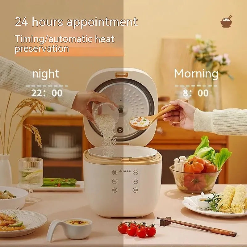 White or beige 3L multi-function rice cooker with black inner pot and included accessories