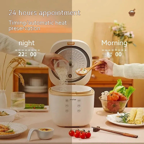 White or beige 3L multi-function rice cooker with black inner pot and included accessories