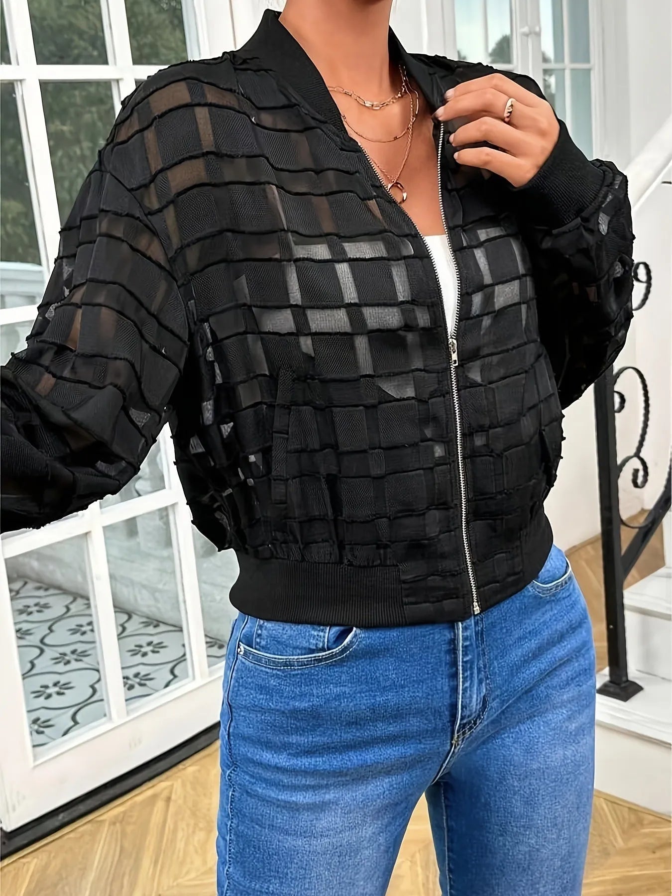 Women's black semi-transparent geometric pattern casual jacket with thread zipper