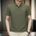 Business casual asymmetric nylon top in khaki on white background