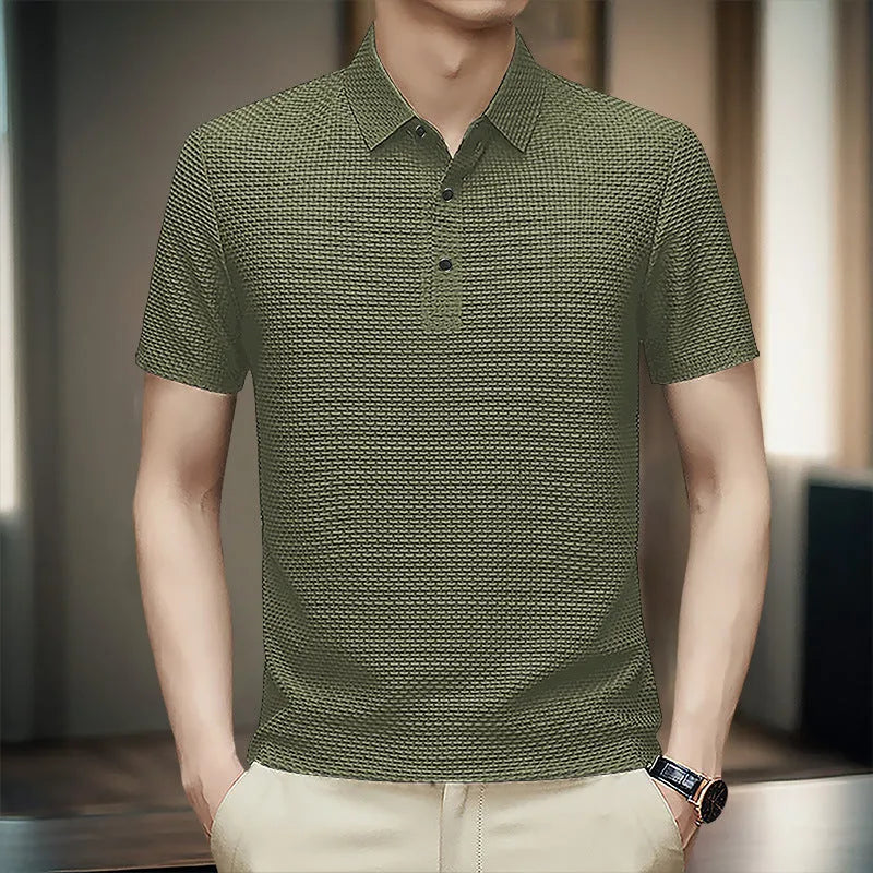 Business casual asymmetric nylon top in khaki on white background