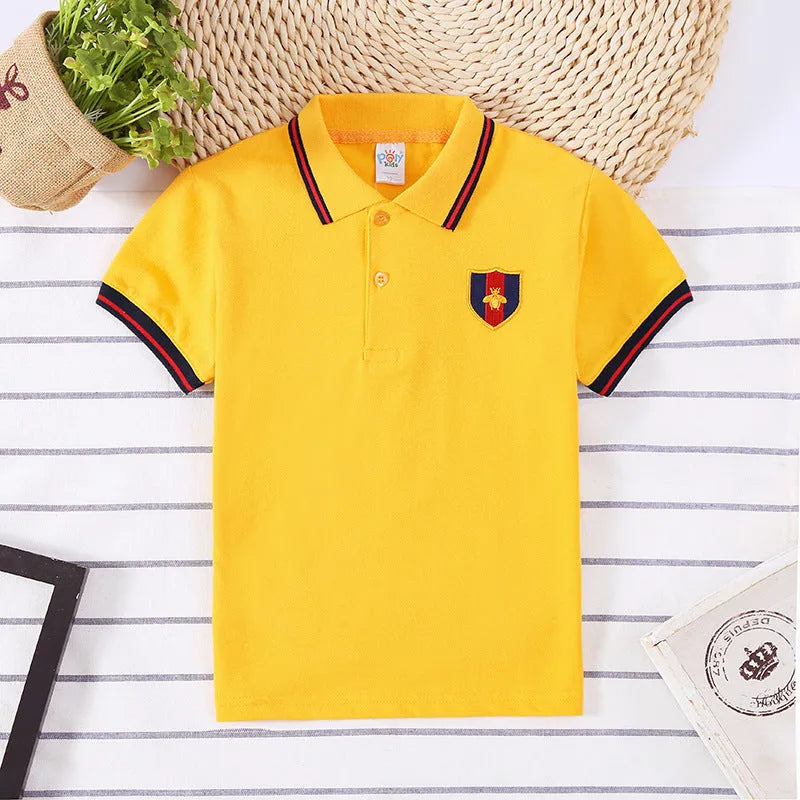 Boys short sleeve cotton t-shirt in Korean style with lapel collar, available in four solid colours
