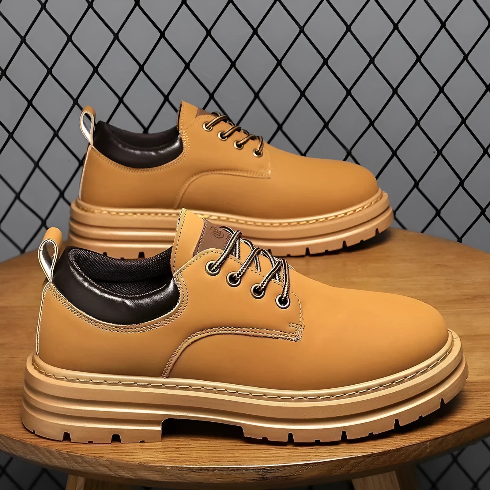 Men's breathable Martin platform boots in black with stitching details and rubber sole, low-top cut