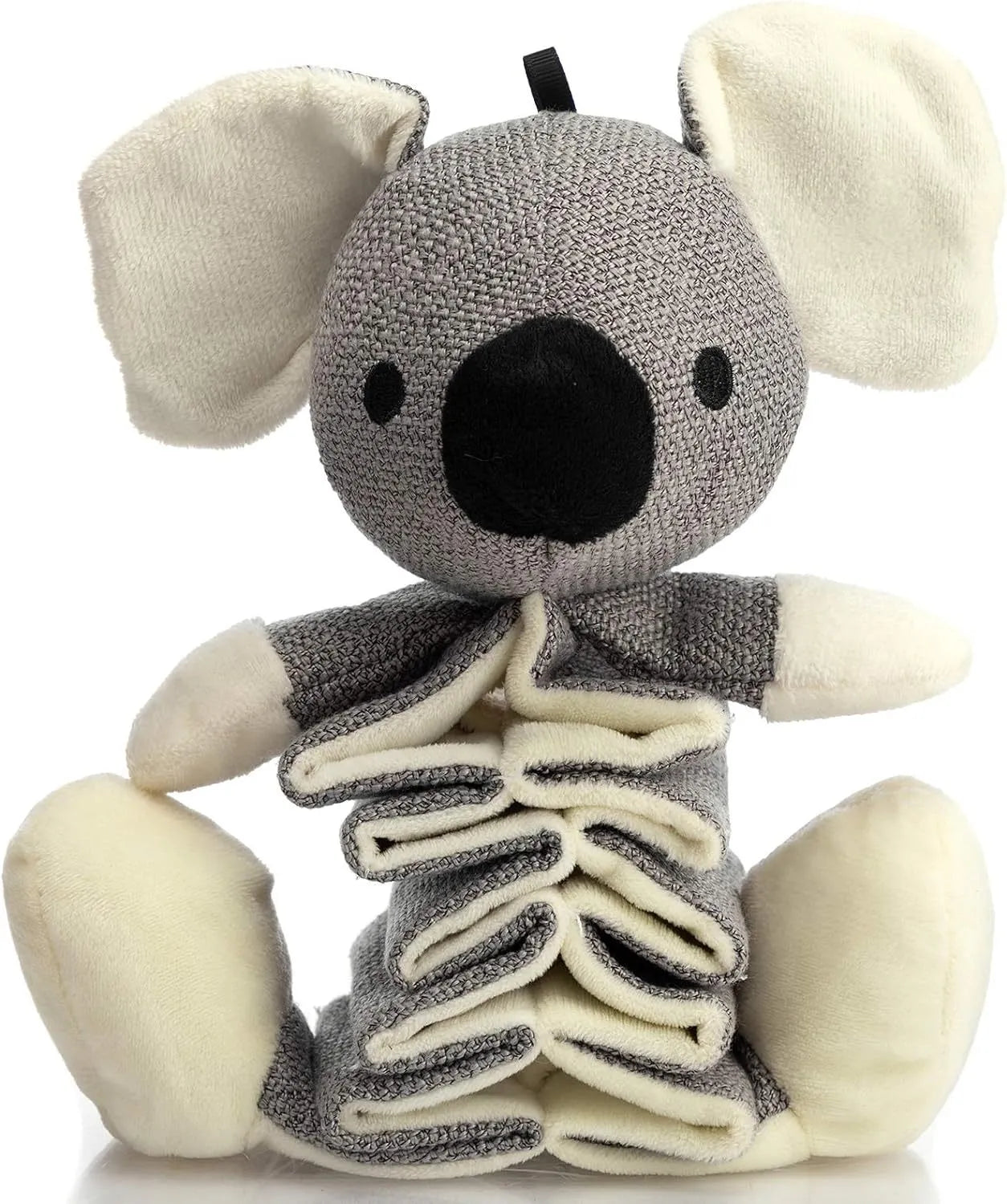 Grey koala-shaped plush dog toy with squeaker and crinkle paper, measuring 30cm.
