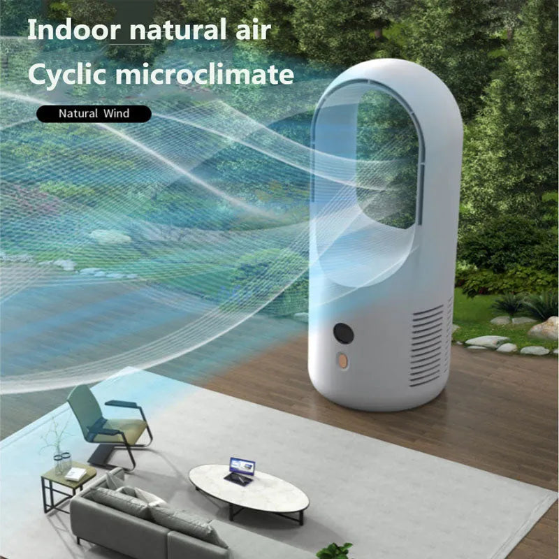 White USB rechargeable bladeless desktop fan with LED display on a wooden desk.