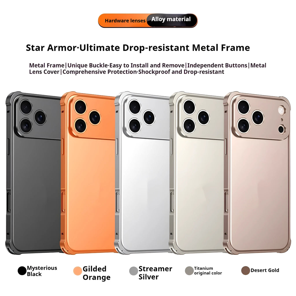 iPhone 17 series mobile phone case with a silver metal alloy frame and frosted finish, showing border-style design.