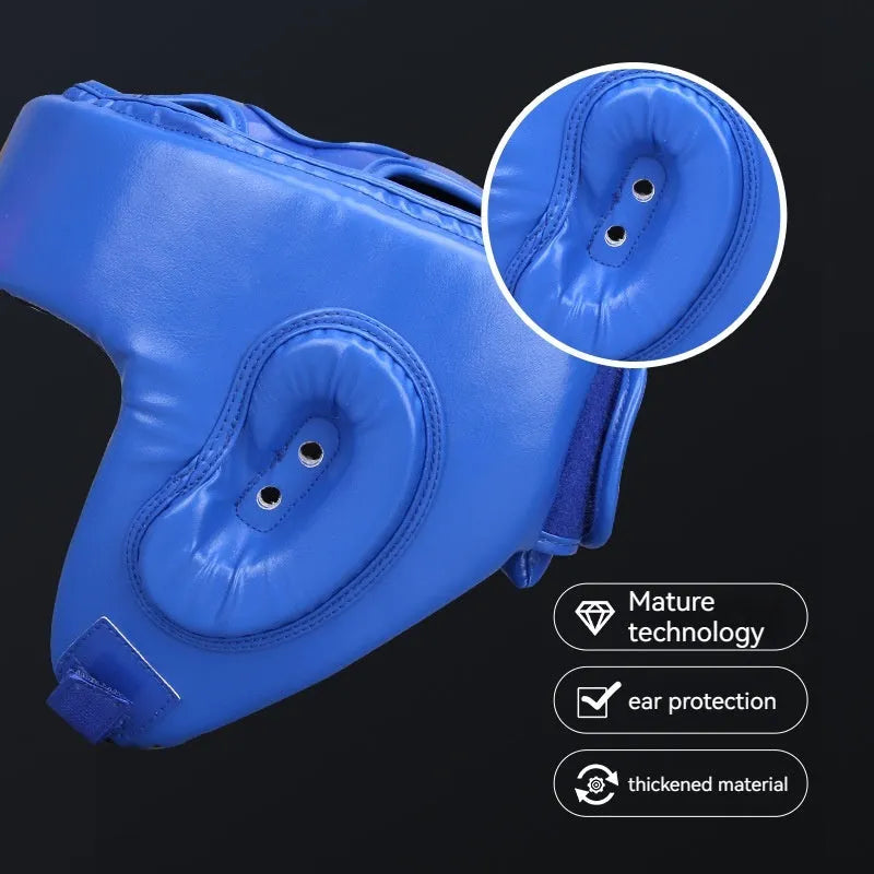Red fully enclosed boxing helmet with jaw protection and vertical ventilation channels