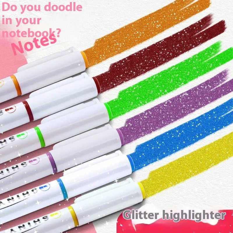 Four glitter fluorescent highlighter pens with slanted tips in six colour options including taro puff and peach nougat pastry
