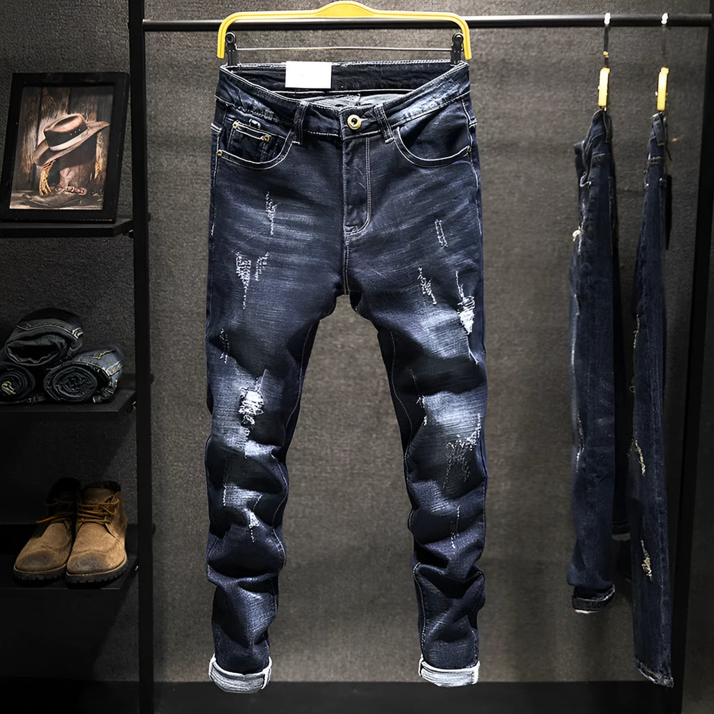 Men's slim-fit skinny jeans in dark blue cotton denim with mid waist design