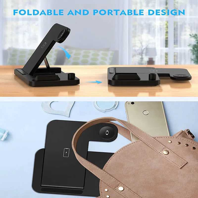 Black four-in-one wireless charging pad for mobile phones with included QC3.0 charging head.