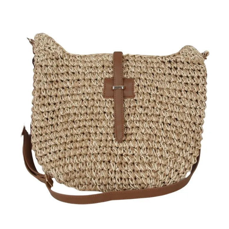 Beige handmade woven bag with sandwich pocket style and 55cm shoulder strap
