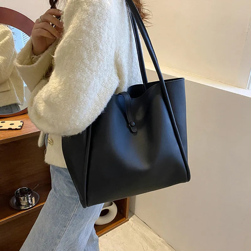 Casual large capacity PU tote bag for women in khaki with included wallet