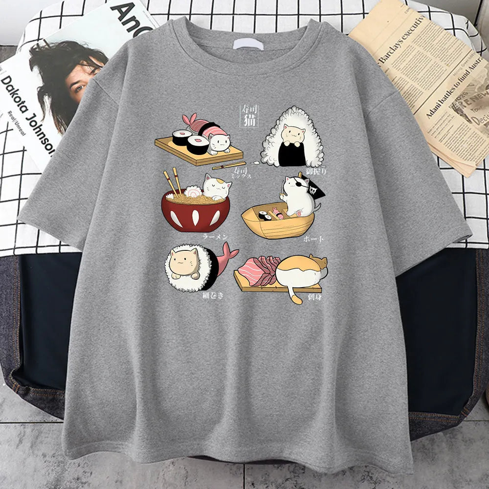 Man wearing a black loose-fit cotton T-shirt with a colourful cartoon cat sushi graphic on the chest.