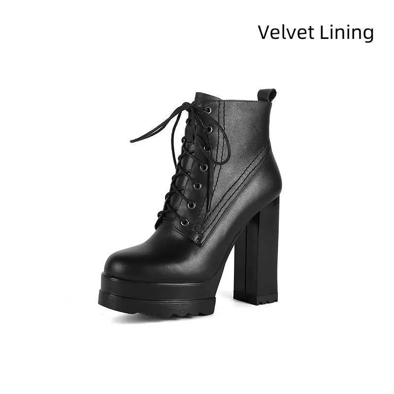 Women's black waterproof platform boots with chunky heel, cowhide upper, and side zip closure