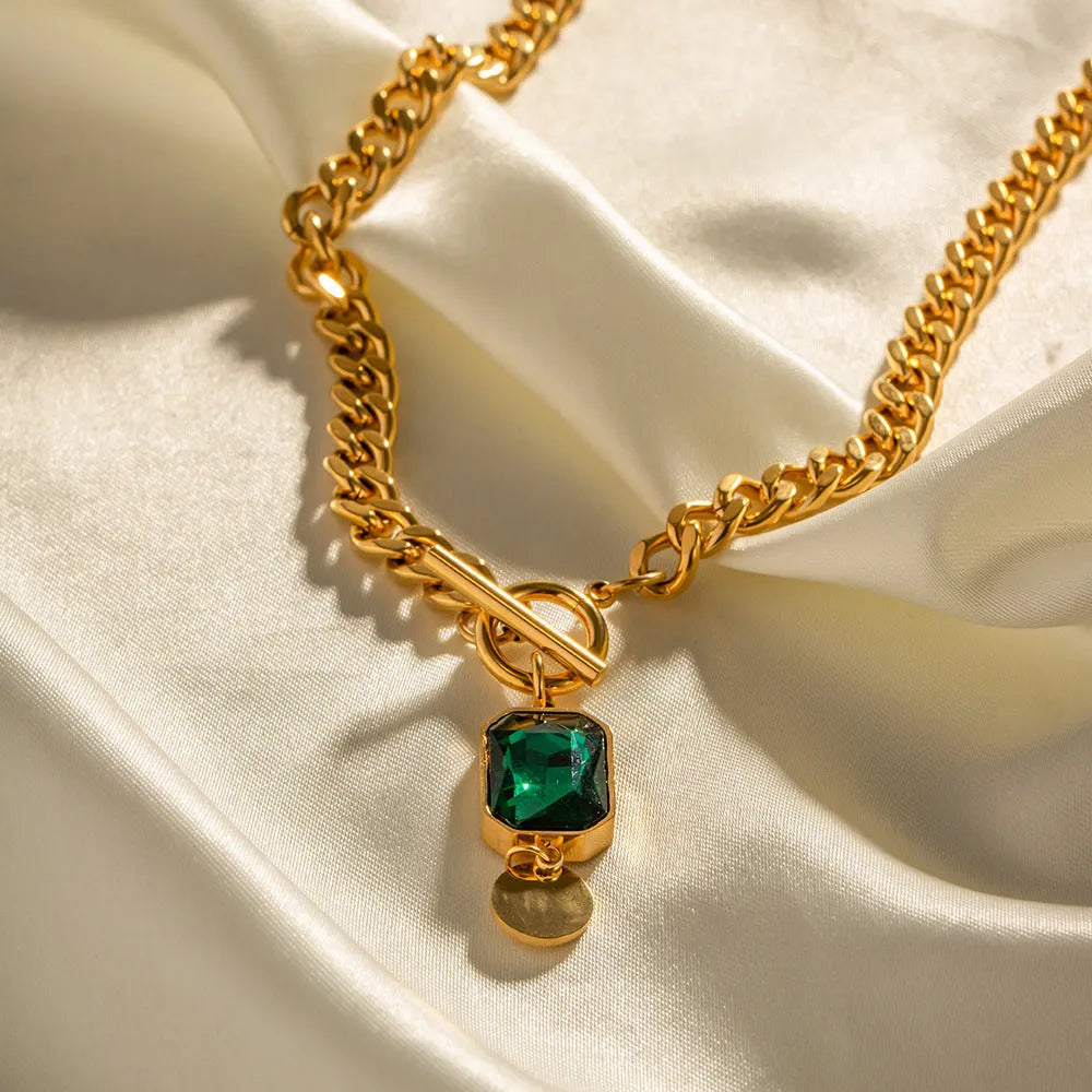 Women's French retro emerald zircon pendant necklace with gold electroplated titanium steel Cuban chain