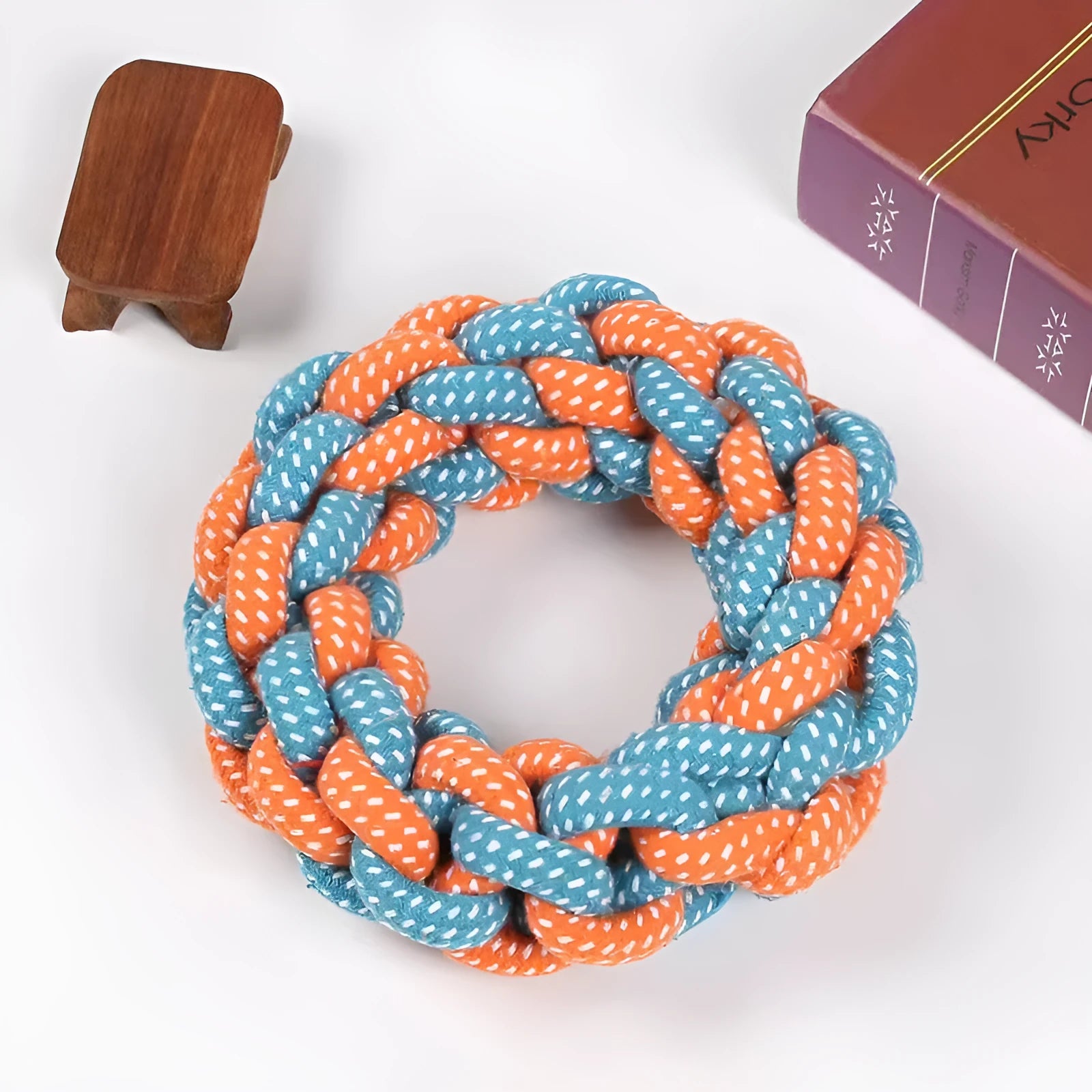 Cotton braided ring dog toy approximately 18cm in circumference with textured knot design