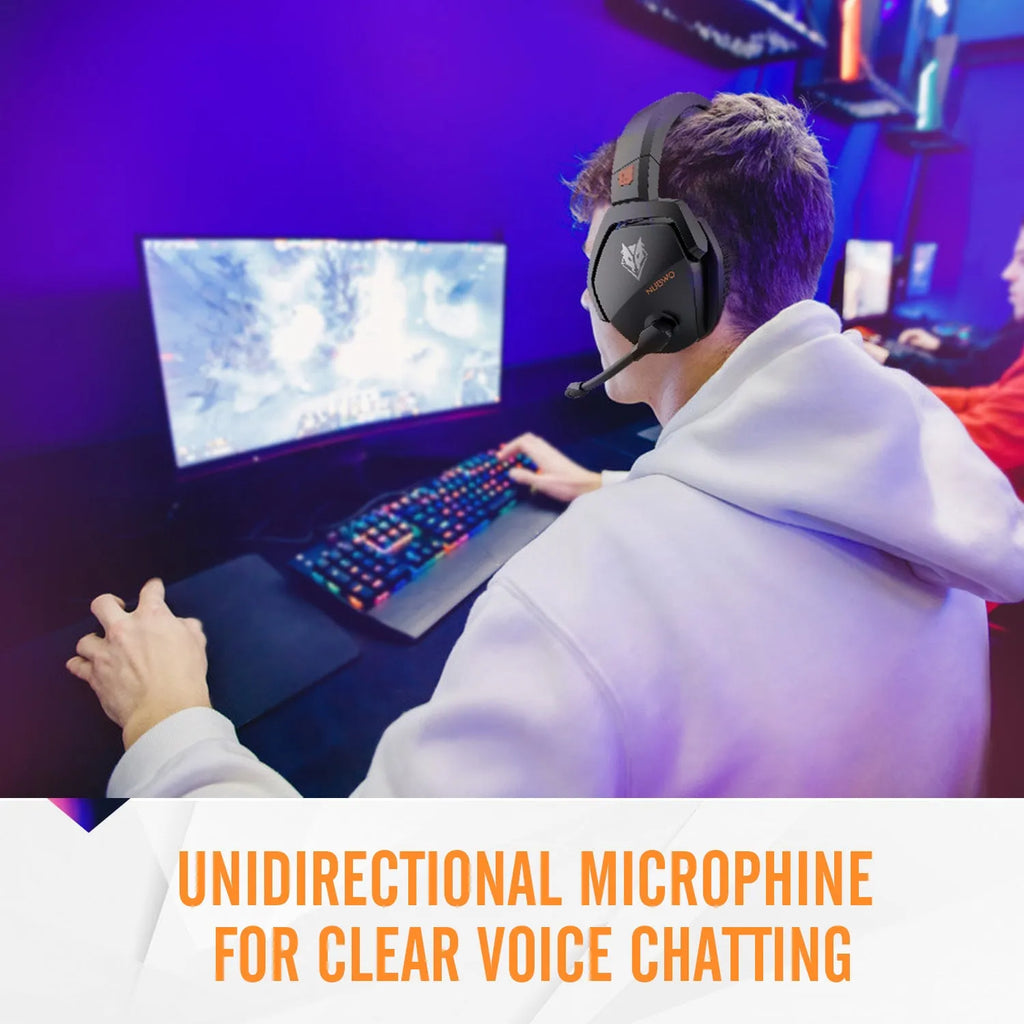 Black and orange wireless gaming headset with over-ear design and omnidirectional microphone