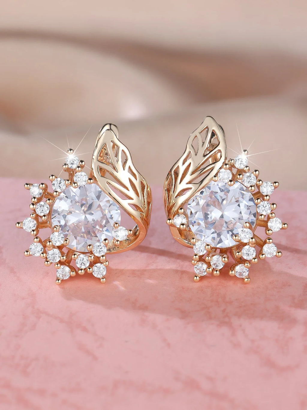 Round flowers feather zircon earrings with champagne gold electroplating and multiple diamond colour options