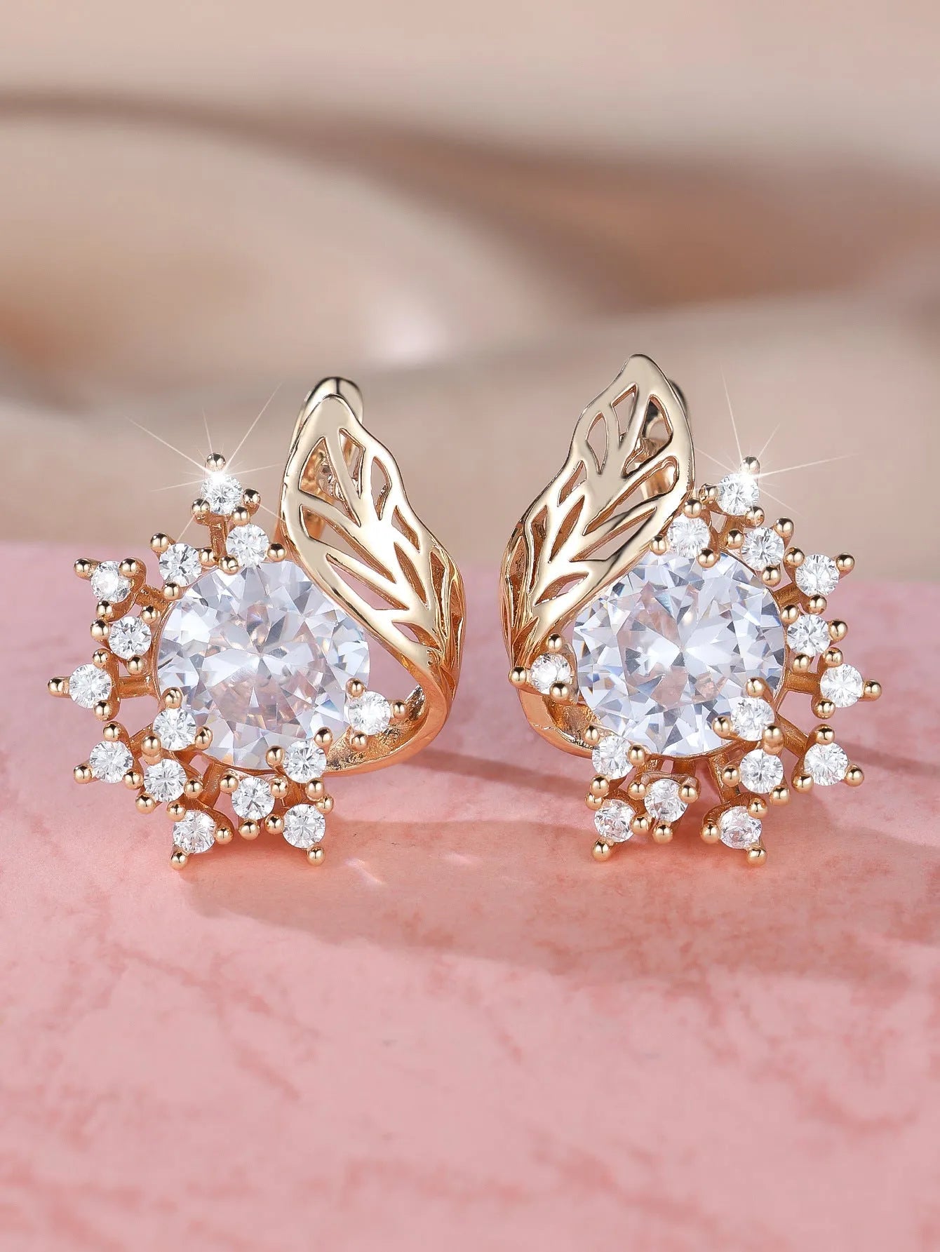 Round flowers feather zircon earrings with champagne gold electroplating and multiple diamond colour options