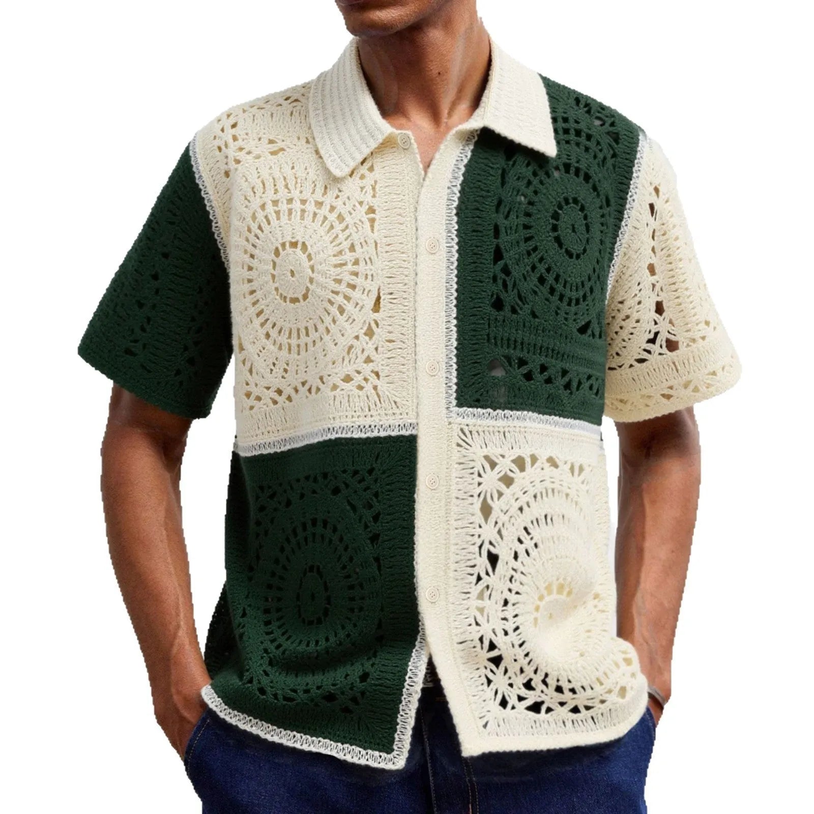 Men's beige colourblock knitted short sleeve shirt with flocking texture detail.