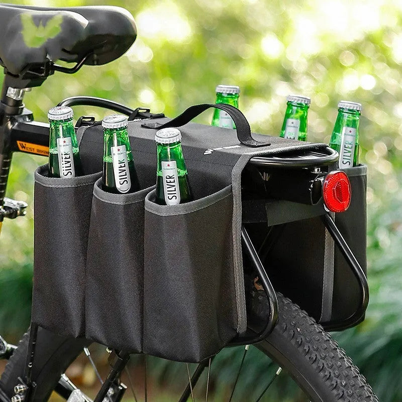 Black and blue orange double-sided bicycle drink holder bag with 2-litre capacity.