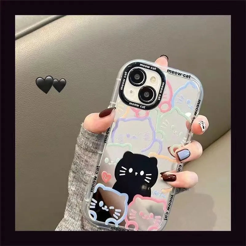 Linear cat pattern cosmetic mirror phone case with sticker for Apple 14 Pro, shockproof PC material