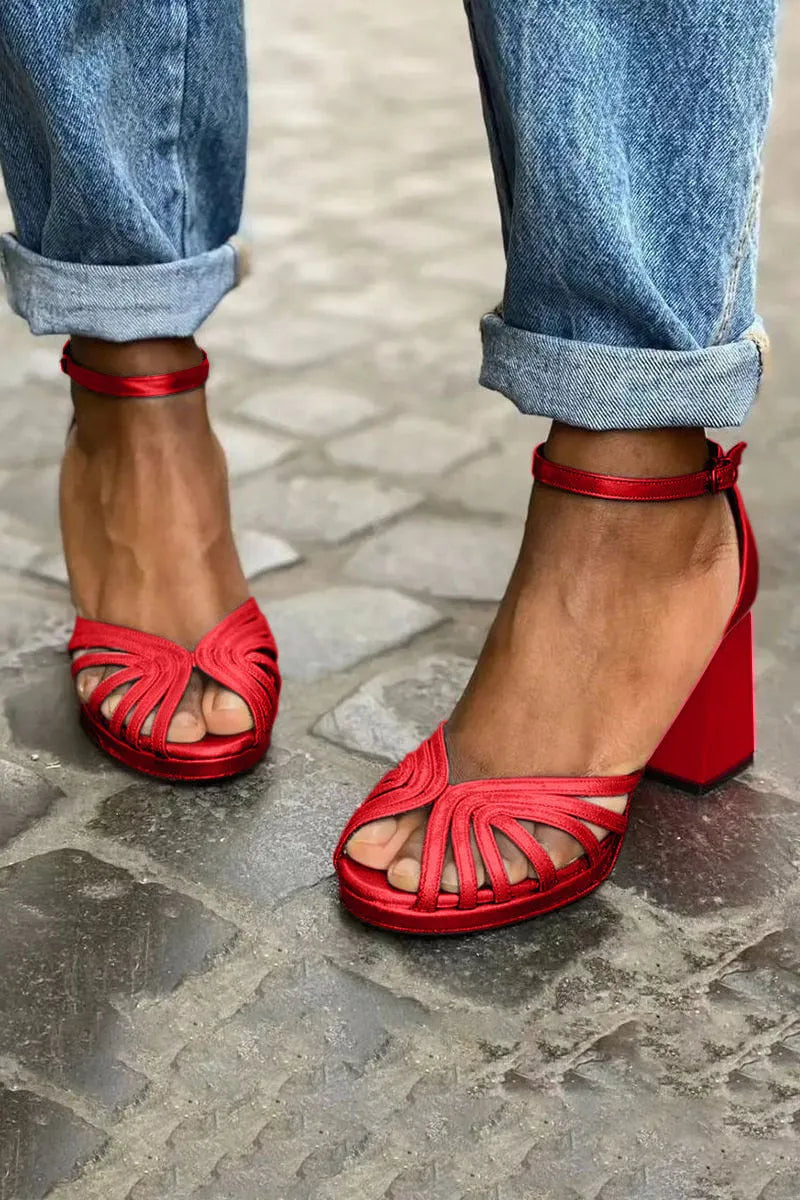Women's silver rose red peep toe sandals with buckle fastening and 6-8cm heel
