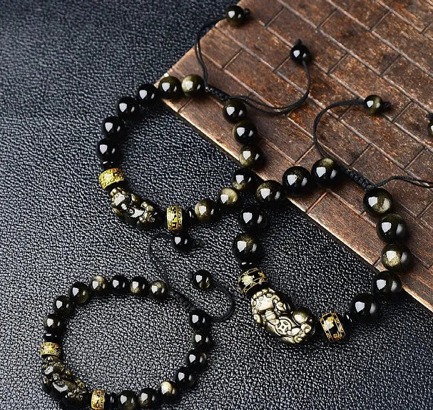 Natural golden obsidian Pi Xiu bracelet with hand-woven cord, showing four bead size options