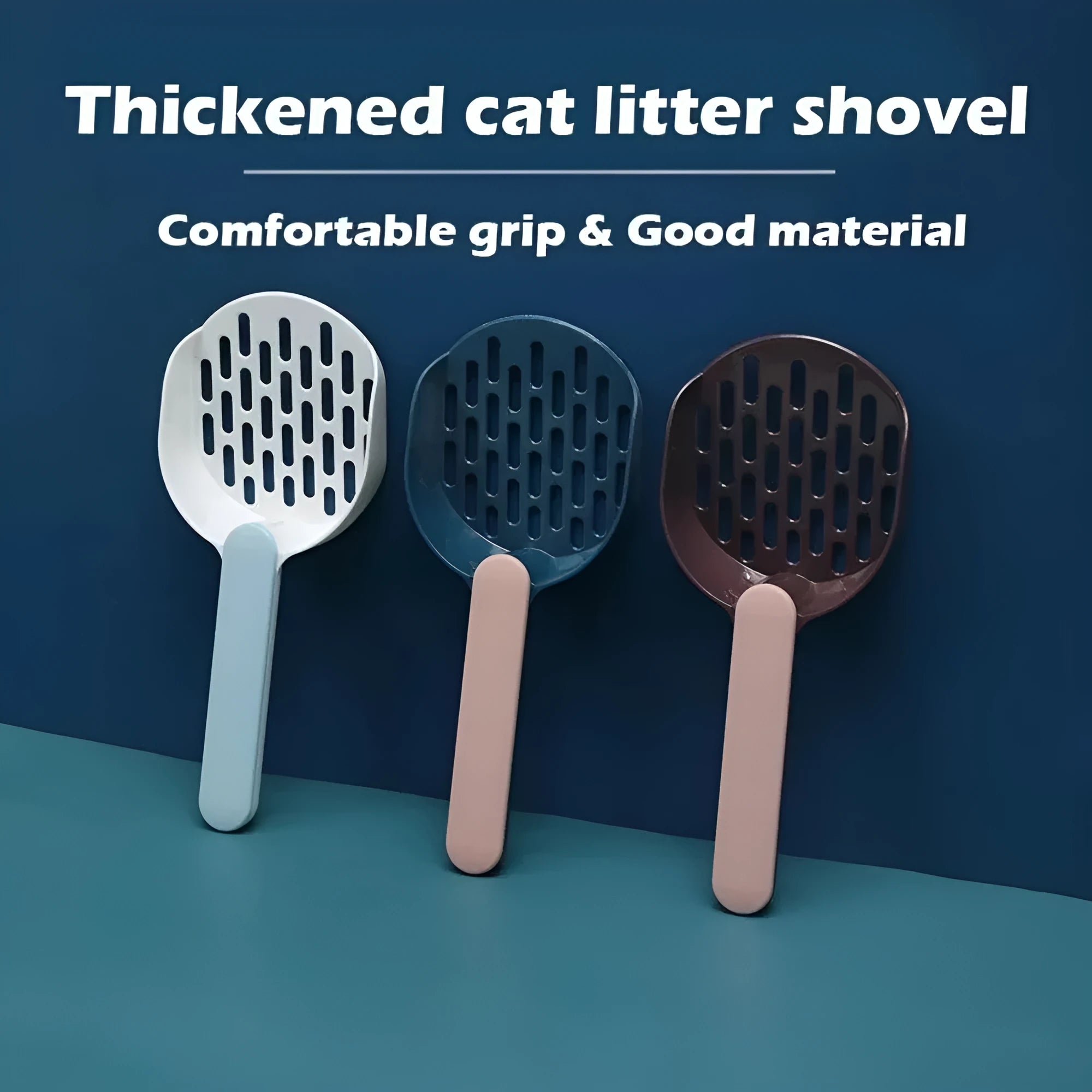 Blue plastic cat litter shovel for cleaning cat toilet litter boxes, measuring 26.6cm long