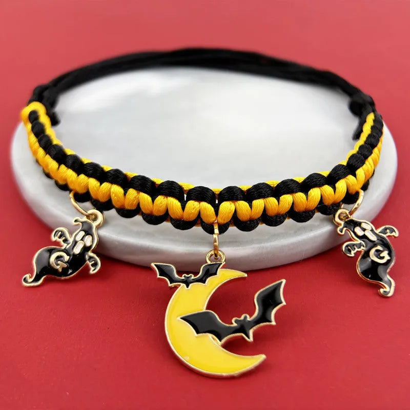 Halloween pet collar decoration with hand-woven zinc alloy geometric charm on adjustable collar