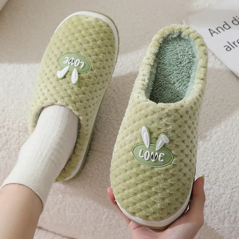 Women's rabbit plaid design plush house slippers with artificial fur upper and rubber non-slip soles