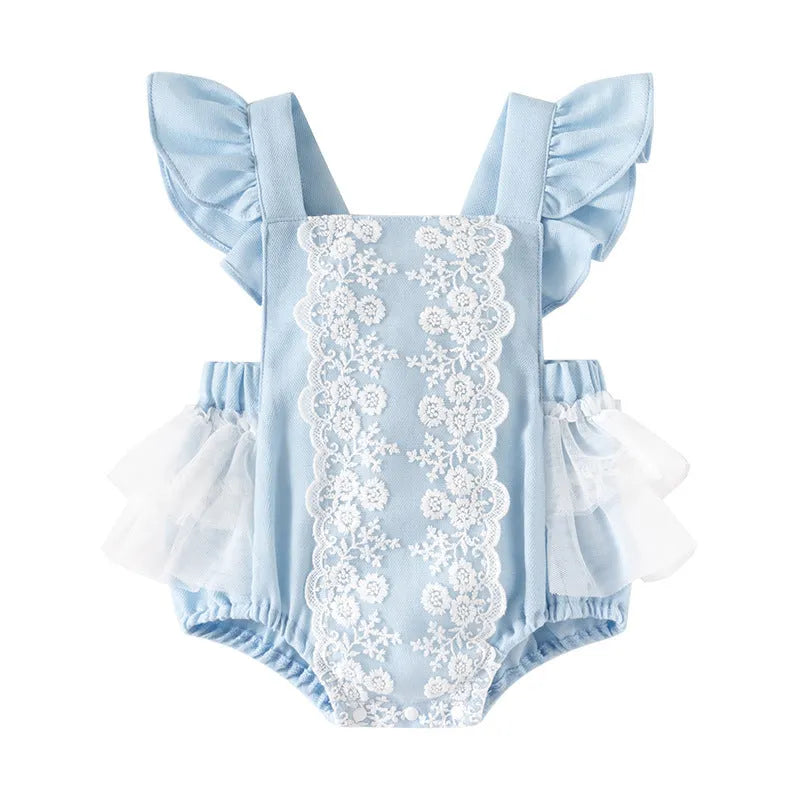 Cotton suspender onesie triangle jumpsuit for baby girls in sky blue