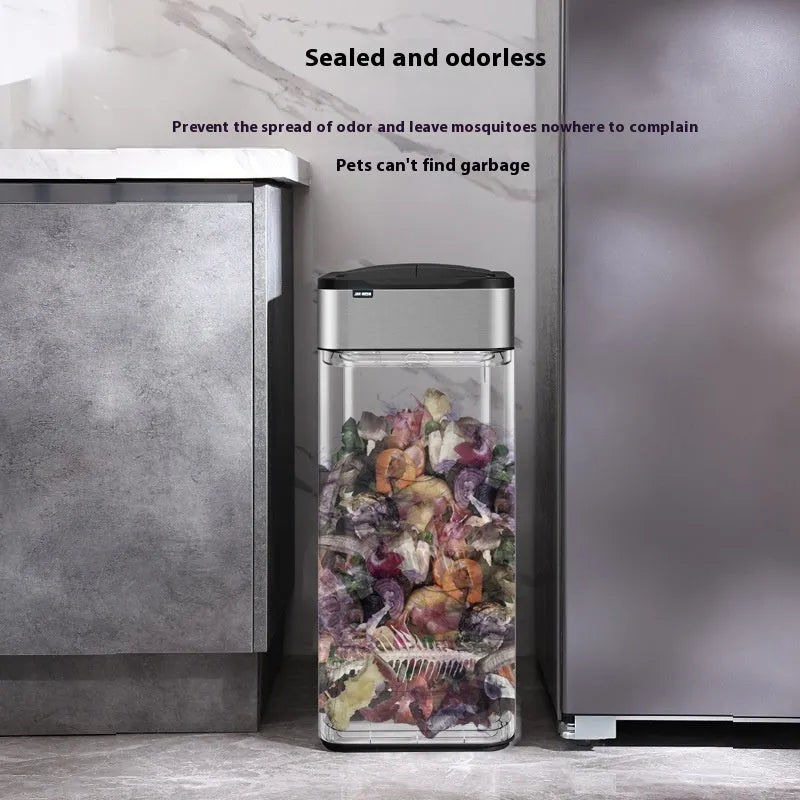 Stainless steel inductive smart trash can with square design on a kitchen floor.
