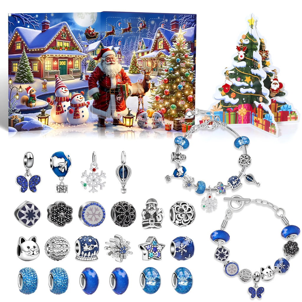 Zinc alloy Christmas advent calendar countdown set with bracelet blind box in flip vertical blue finish