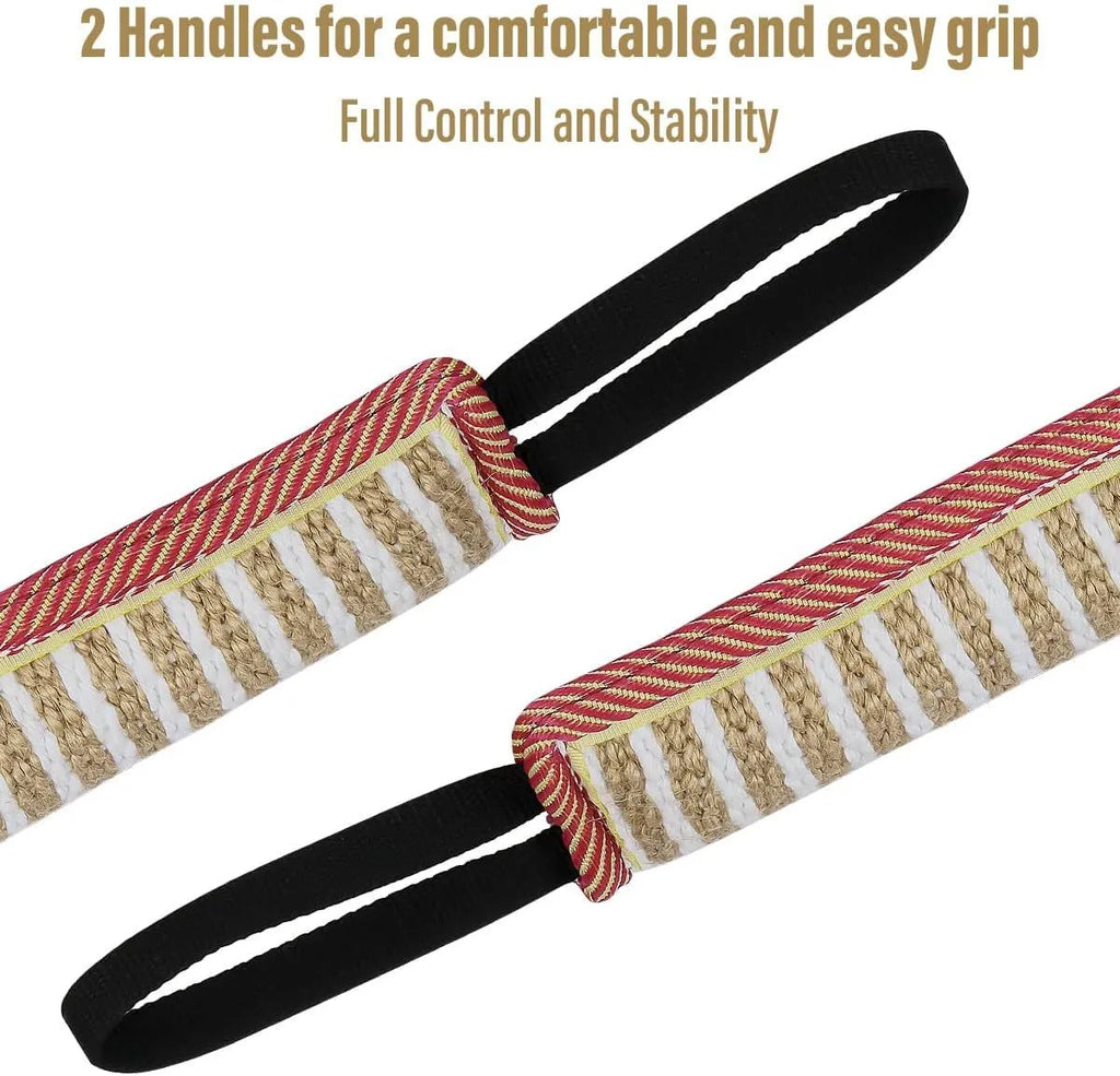 Beige and pink jute dog tug toy with two fabric handles for interactive play.