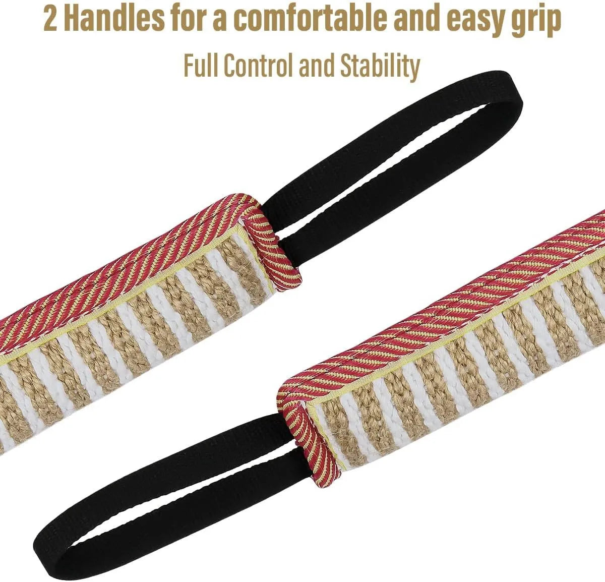 Beige and pink jute dog tug toy with two fabric handles for interactive play.