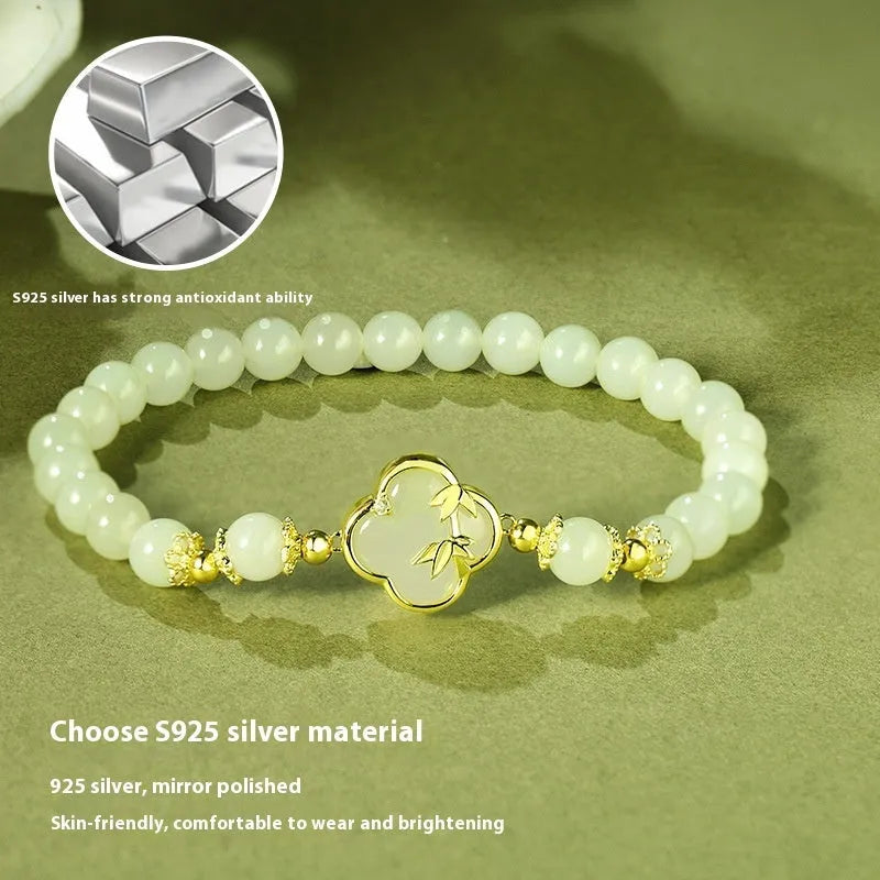 Hetian jade bracelet and necklace set with leaf design in bamboo green tone
