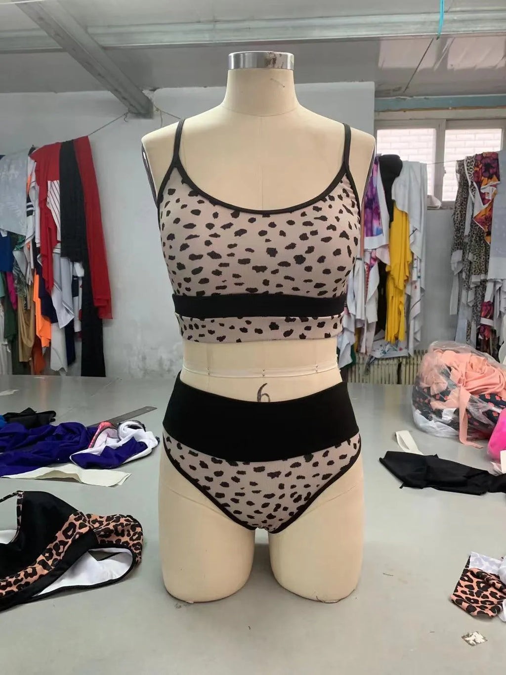 Women's high waist split bikini swimsuit in white and leopard print colours