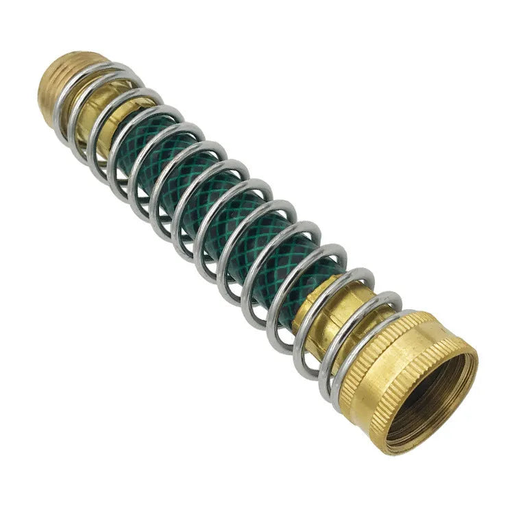 Brass garden hose connector with a visible metal spiral spring and 3/4 inch threaded connections.