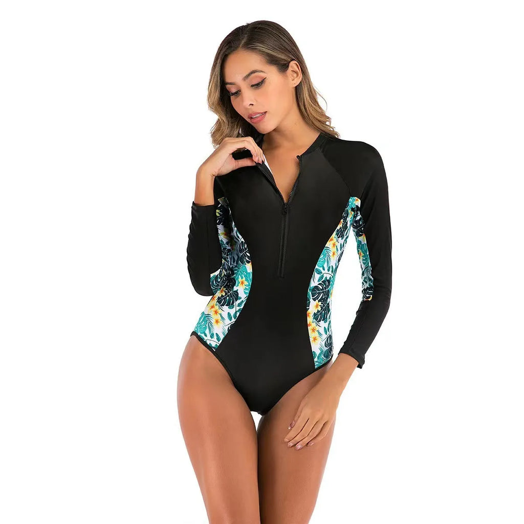 Women's one-piece swimsuit with front zipper and short sleeves in solid colour polyester